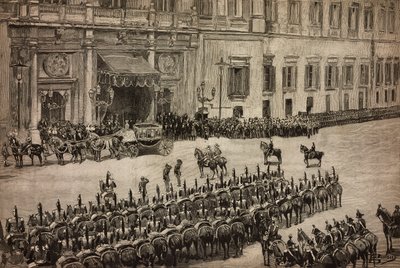 Åpning av parlamentet, ankomst av kong Umberto I til Montecitorio, Roma, Italia, gravering fra tegning av Dante Paolocci, L'Illustrazione Italiana nr. 51, 4. desember av Dante Paolocci