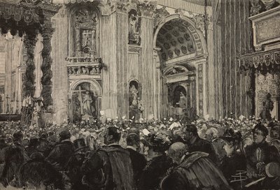 Pavelig velsignelse i anledning av Leo XIIIs episkopale jubileum, Peterskirken, Vatikanet, gravering etter tegning av Dante Paolocci, fra L'Illustrazione Italiana, år XX, nr. 10, 5. mars av Dante Paolocci