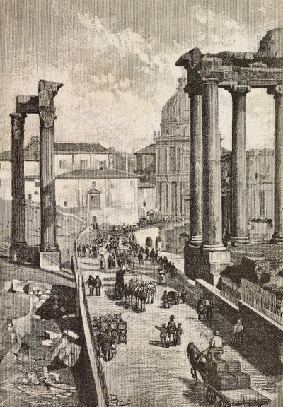Passasje gjennom Forum, Roma, Italia, gravering fra tegning av Dante Paolocci, fra L'Illustrazione Italiana, nr. 49, 7. desember av Dante Paolocci