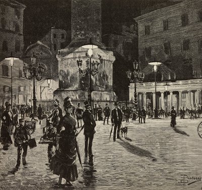 Piazza Colonna opplyst med elektrisk lys, Roma, Italia, tegning av Dante Paolocci, gravering fra L'Illustrazione Italiana, nr. 50, 5. desember av Dante Paolocci