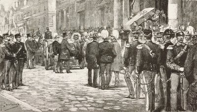 Politikere og offiserer som deltar i begravelsesprosesjonen til Luigi Mezzacapo (1814-1885), italiensk politiker og offiser, Roma, Italia, gravering fra tegning av Dante Paolocci, fra L'Illustrazione Italiana, år 12, nr. 7, 15. februar av Dante Paolocci