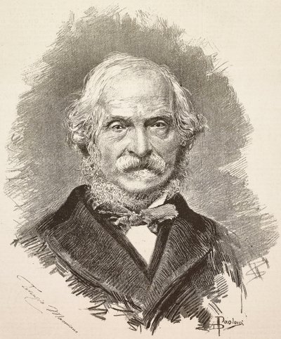 Portrett av Terenzio Mamiani (1799-1885), italiensk politiker og forfatter, gravering fra en tegning av Dante Paolocci og et fotografi av Della Valle, fra L'Illustrazione Italiana, år 12, nr. 22, 31. mai av Dante Paolocci