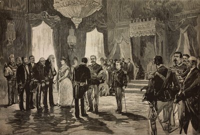 Prins av Napoli, Alfonso Maria Giuseppe Alberto av Bourbon-Two Sicilies i underløytnantuniform, ved nyttårsmottakelsen i Quirinal, Italia, gravering fra tegning av Dante Paolocci, fra L'Illustrazione Italiana, nr. 3, 16. januar av Dante Paolocci