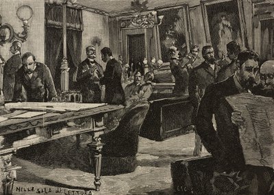 Lesesal ved Palazzo Montecitorio, Roma, Italia, gravering etter tegning av Dante Paolocci, fra L'Illustrazione Italiana, år XX, nr. 7, 12. februar av Dante Paolocci