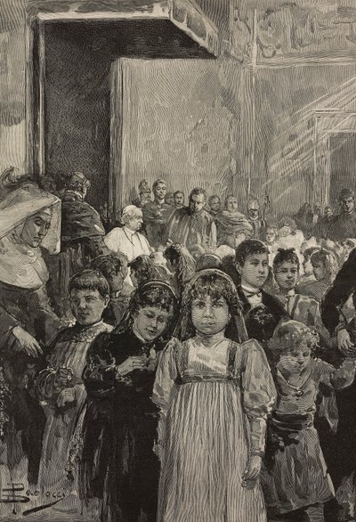 Mottak av barn ved jubileumsfeiringer av pave Leo XIII, Vatikanet, gravering etter tegning av Dante Paolocci, fra L'Illustrazione Italiana, år XX, nr. 4, 22. januar av Dante Paolocci