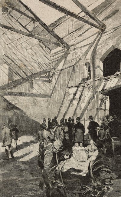 Rester av israelsk teater etter brann i 1893, Roma, Italia, gravering etter tegning av Dante Paolocci, fra L'Illustrazione Italiana, år XX, nr. 7, 12. februar av Dante Paolocci
