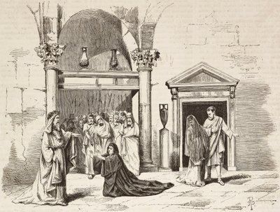 Høyestepavens kabinett i palasset, Postumia tigger Fabio Massimo, Rome Vaincue av Alexandre Parodi, akt V, gravering av Dante Paolocci fra skisser av Zandomenico fra L'Illustrazione Italiana, nr. 58, 3. desember av Dante Paolocci