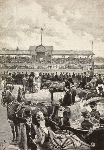 Tribunen, hesteveddeløp i Torino, Italia, gravering fra tegning av Dante Paolocci, fra L'Illustrazione Italiana, nr. 24, 15. juni av Dante Paolocci