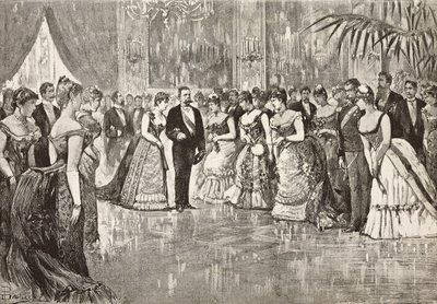 Umberto I (1844-1900), konge av Italia, og hans kone Margherita av Savoy (1851-1926) på ball i Quirinal Palace, Roma, Italia, gravering fra tegning av Dante Paolocci, fra L'Illustrazione Italiana, år 12, nr. 9, 1. mars av Dante Paolocci