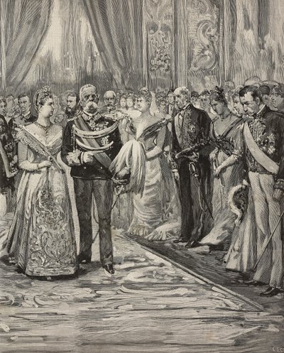 Umberto I og Margherita av Savoy på konsert i anledning sølvbryllupet deres, Palazzo del Quirinale, Roma, Italia, gravering etter tegning av Dante Paolocci, fra L'Illustrazione Italiana, år XX, nr. 18, 30. april av Dante Paolocci