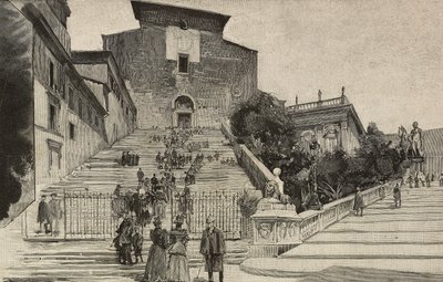 Utsikt over basilikaen Santa Maria i Aracoeli, Roma, Italia, gravering etter tegning av Dante Paolocci, fra L'Illustrazione Italiana, år XX, nr. 53, 31. desember av Dante Paolocci