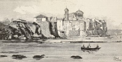 Utsikt over Neptun, Italia, gravering fra tegning av Dante Paolocci, fra L'Illustrazione Italiana, nr. 12, 23. mars av Dante Paolocci