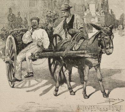 Vannselger (acquarolo), som selger vann fra Acetosa-fontenen i gatene i Roma, Italia, gravering etter tegning av Dante Paolocci, fra L'Illustrazione Italiana, år XX, nr. 28, 9. juli av Dante Paolocci