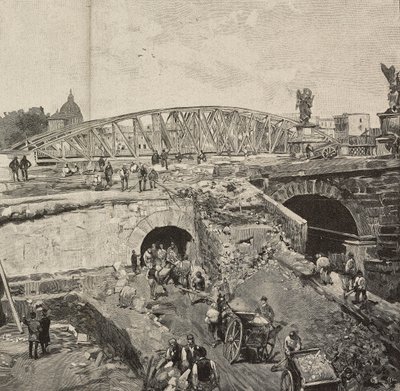 Arbeid på Ponte Sant'Angelo under realisering av Tiber-banker, Roma, Italia, gravering etter tegning av Dante Paolocci, fra L'Illustrazione Italiana, år XX, nr. 2, 8. januar av Dante Paolocci