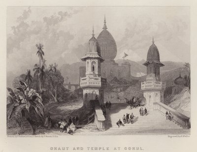 Ghaut og tempel ved Gokul (farge litho) av David (after) Roberts
