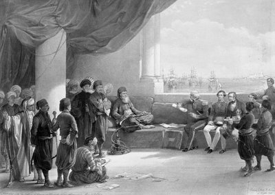Intervju med visekongen i Egypt på hans sted i Alexandria, fra 'Egypt and Nubia', litografiert av Louis Haghe av David (after) Roberts