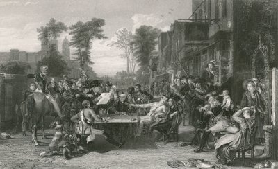 Chelsea-pensjonister leser bladet om slaget ved Waterloo (gravering) av David (after) Wilkie