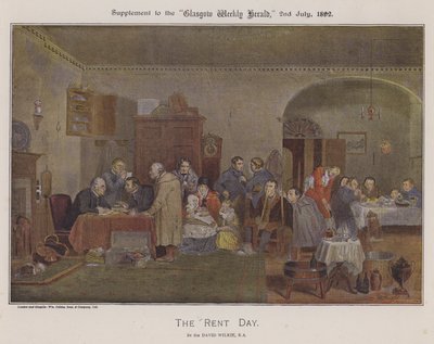 The Rent Day (farge litho) av David (after) Wilkie
