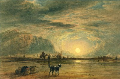 Strandscene - soloppgang, ca. 1820 (akvarell og penn over grafitt på papir) av David (attr. to) Cox