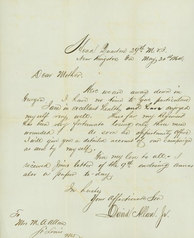 Brev signert David Allan, Jr., Head Quarters 29th M.V.I., nær Kingston, Ga., til hans mor Mrs. M.A. Allan, St. Louis, Mo., 20. mai 1864 av David Allan