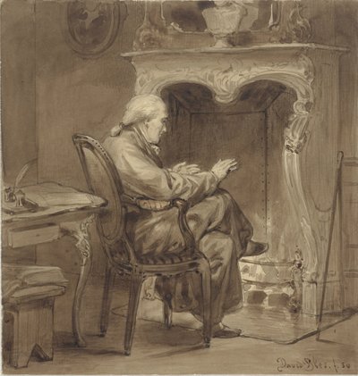Gammel mann varmer seg ved peisen av David Bles