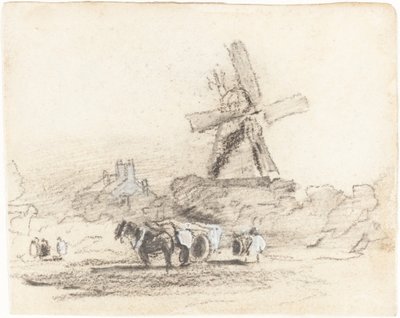 En vogn med to hester nær en vindmølle av David Cox