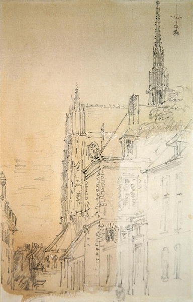 En katedral i en gate (kritt og vask på papir) av David Cox