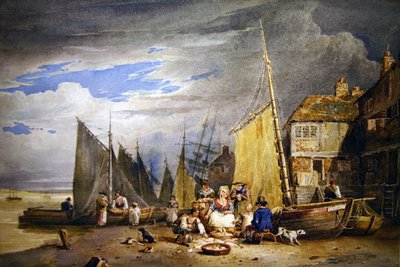 A Fishwife with her Wares by Themsen (akvarell på papir) av David Cox