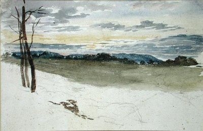Et skogslandskap ved solnedgang (blyant og akvarell på papir) av David Cox