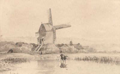 Storfe som vannes ved en vindmølle på Dulwich Common, 1811 av David Cox