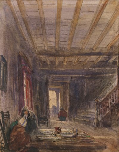 Interiør med figurer ved et bord (wc på papir) av David Cox