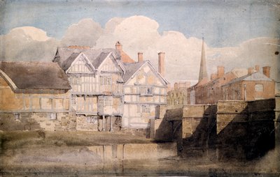 Gamle hus og Wye Bridge, Hereford, 1820 av David Cox