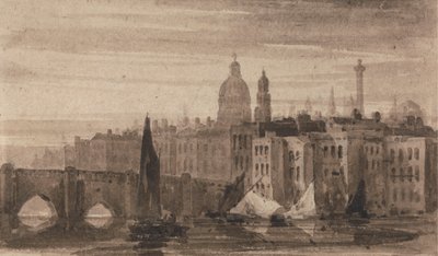 Old London Bridge og St. Paul's Cathedral fra Themsen av David Cox