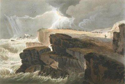 Plate fra Book 10 Storm, View on the Coast of Hastings fra A Treatise on Landscape Painting gravert av Richard Reeve (f.1780), 1813-14 (håndfarget akvatint) av David Cox