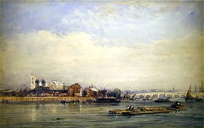 Westminster og Themsen fra Battersea Shore (akvarell på papir) av David Cox