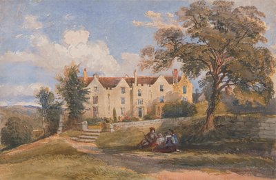 Gruppe som sitter på eiendommen til et stort hus av David Cox Jr.
