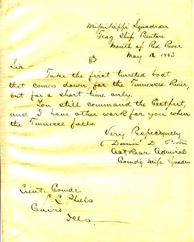 Brev fra David D. Porter, U.S. Benton, munningen av Red River, til Seth Ledyard Phelps, Kairo, Illinois, 12. mai 1863 av David D. Porter