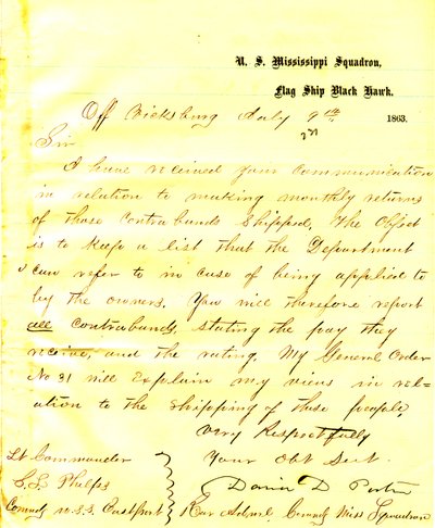 Brev fra David D. Porter, USA Black Hawk, utenfor Vicksburg, til Seth Ledyard Phelps, kommanderende i USA Eastport, 9. juli 1863 av David D. Porter