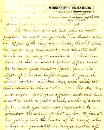 Brev fra David D. Porter, U.S. Cricket, 3 miles under Montgomery, Louisiana, til [Seth Ledyard] Phelps, kommanderende USA Eastport, 3 miles under Montgomery, Louisiana, 25. april 1864 av David D. Porter