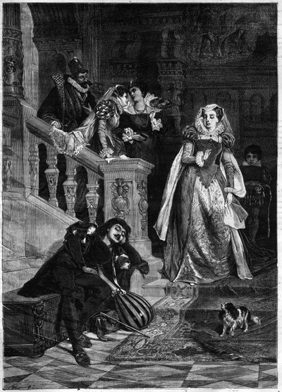 Første møte med dronningen av Skottland Marie (Mary) Iere Stuart (1542-1587) med David (Davide) Rizzio - gravering etter maleriet av David Dalhoff Neal av David Dalhoff (after) Neal