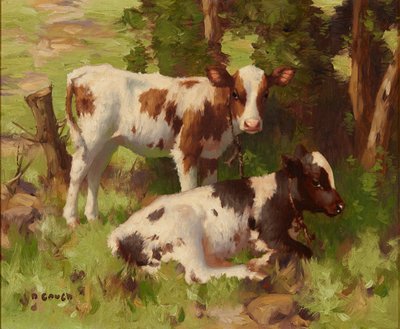 Kalver i et sommerlandskap (olje på lerret) av David Gauld