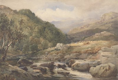 Landskap med bekk og høimakere (wc med gouache over grafitt på papir) av David Hall McKewan