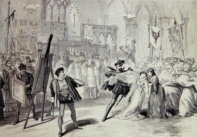 Scene fra "Moro, maleren av Antwerpen", en opera av Michael Balfe av David Henry Friston