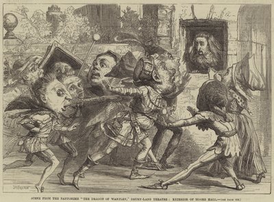 Scene fra Pantomime The Dragon of Wantley, Drury-Lane Theatre, Exterior of Moore Hall av David Henry Friston