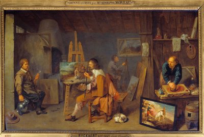 Malerverksted med poseringsmodell og fargekvern. Maleri av David III Ryckaert (1612-1661), Ec. Flam av David III Ryckaert