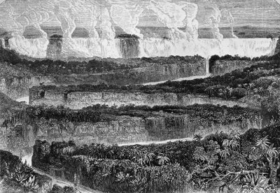 Utsikt over store grå stær fra Zambezi, kjent som Mosi-oa-Tuny eller Victoria Falls, Zambia, gravering fra Narrative of Expedition til Zambezi og dens sideelver, av David Livingstone (1813-1873) og Charles Livingstone (1821-1873), London av David Livingstone