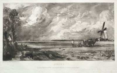 Ulike landskapsfag, karakteristiske for engelsk natur fra bilder malt av John Constable, R.A.: Spring. A Mill on a Common. Hail Squalls. Østre Bergholt, Suffolk av David Lucas