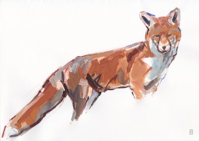 Red Fox, 2021 (gouache og akvarell/fargestift på papir) av David Mayer