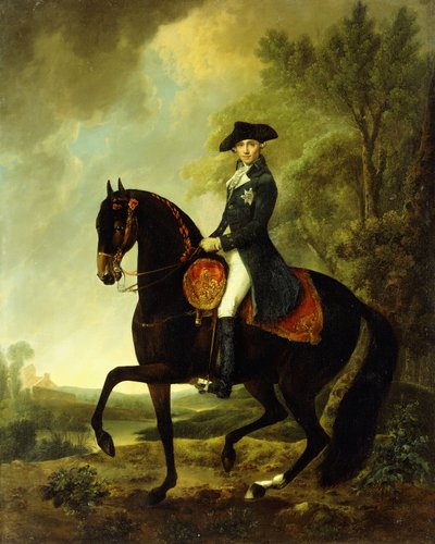 Portrett av en adelsmann, liten i full lengde til hest av David Morier