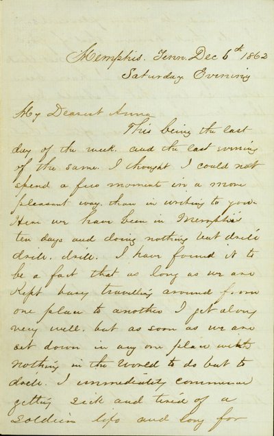 Brev fra DR Greer, Memphis, Tn., Til Anna McKinney, 6. desember 1862 av David Perkins Grier